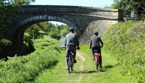 retirement elderly couple cycling on grass with bridge in background
